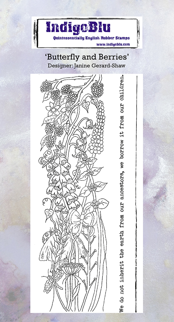 Butterfly and Berries DL Red Rubber Stamp by Janine Gerard Shaw